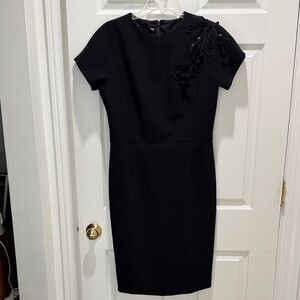Teri Jon Black Short-Sleeve Midi Sheath Dress with Floral Applique